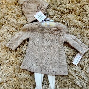 Beige Knit Baby Dress with Hat and Leggings